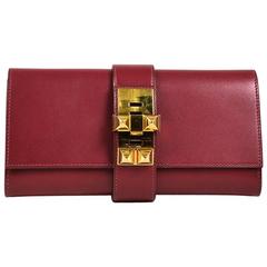 Hermes "Rouge Vif" Red Swift Leather Gold Plated "Medor 23" Clutch Bag