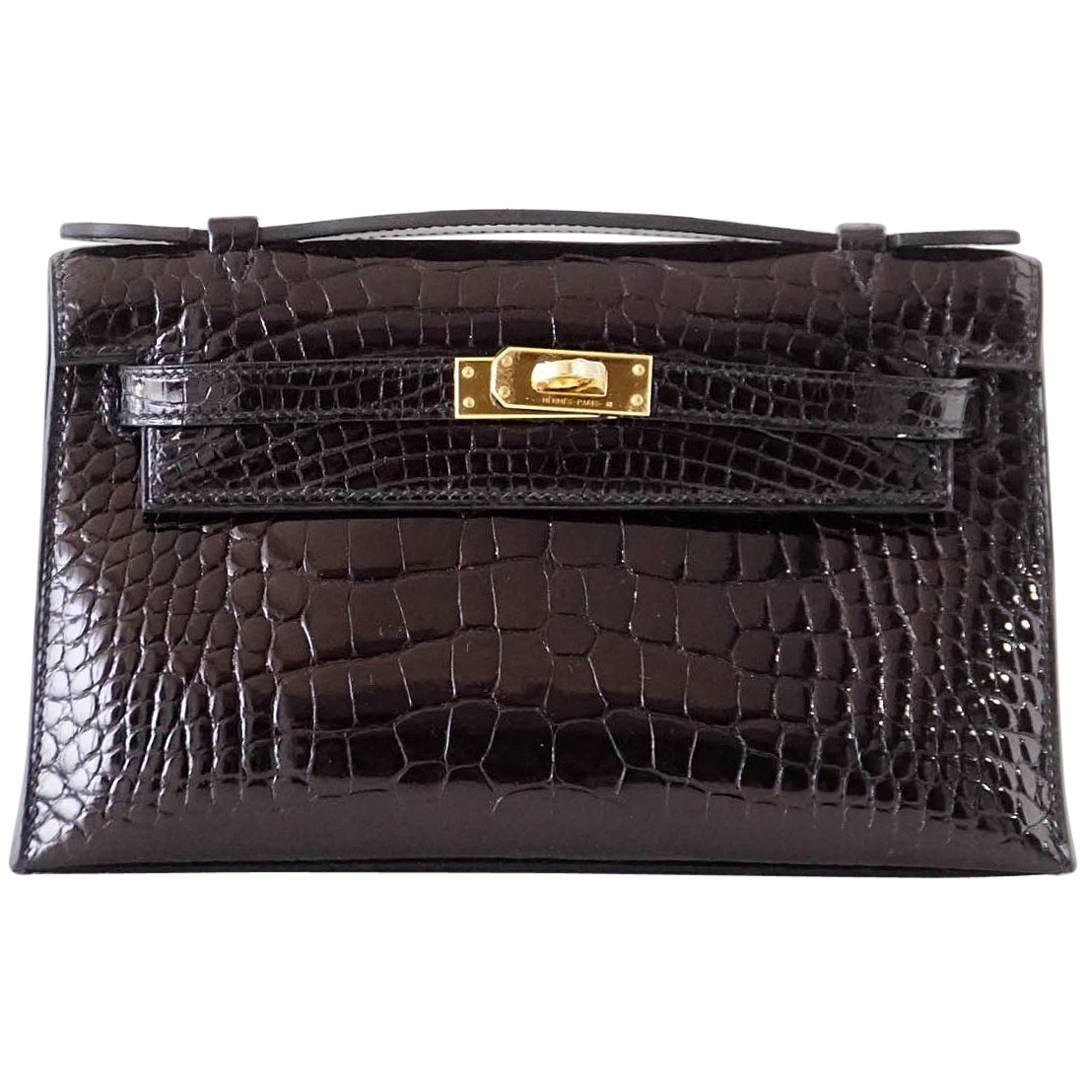 Hermes Kelly Pochette Clutch Bag Shiny Black Alligator Gold