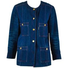 Vintage Chanel Boutique Blue & Red Denim 'CC' Button Jacket 11