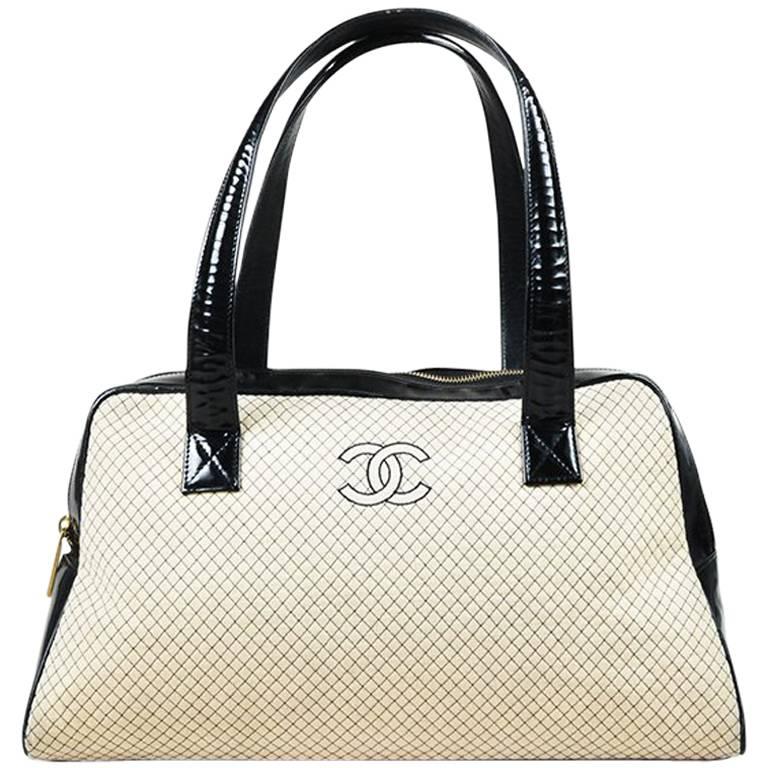 Chanel Cream & Black Patent Leather & Knit Quilted Bowler Bag For Sale