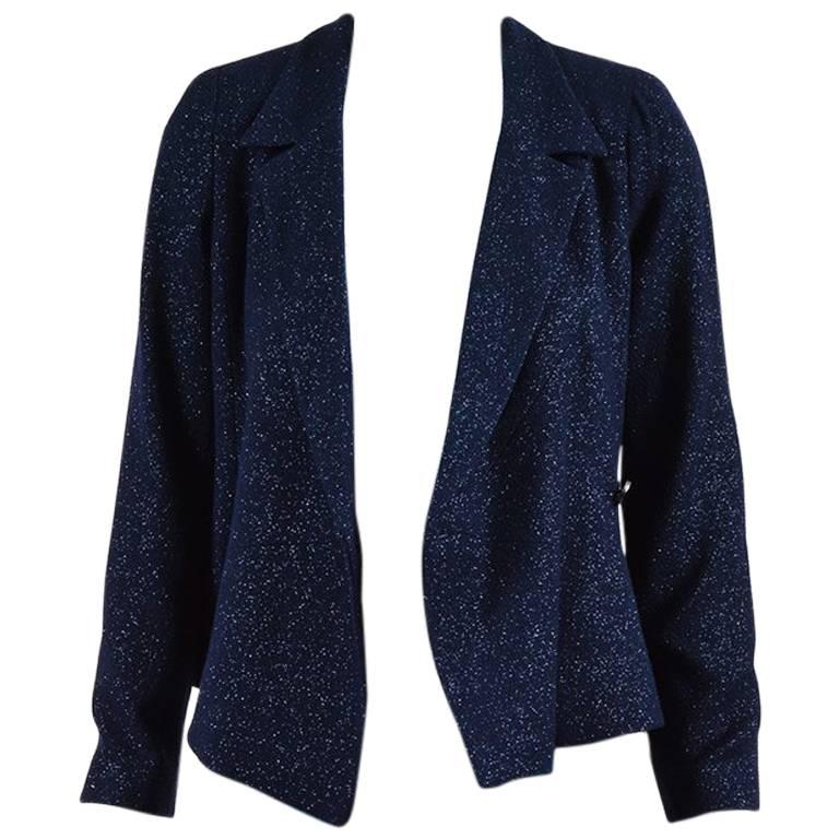 Chanel 00T Navy Blue Glitter Wool Blend Tweed Blazer Jacket SZ 38 For Sale