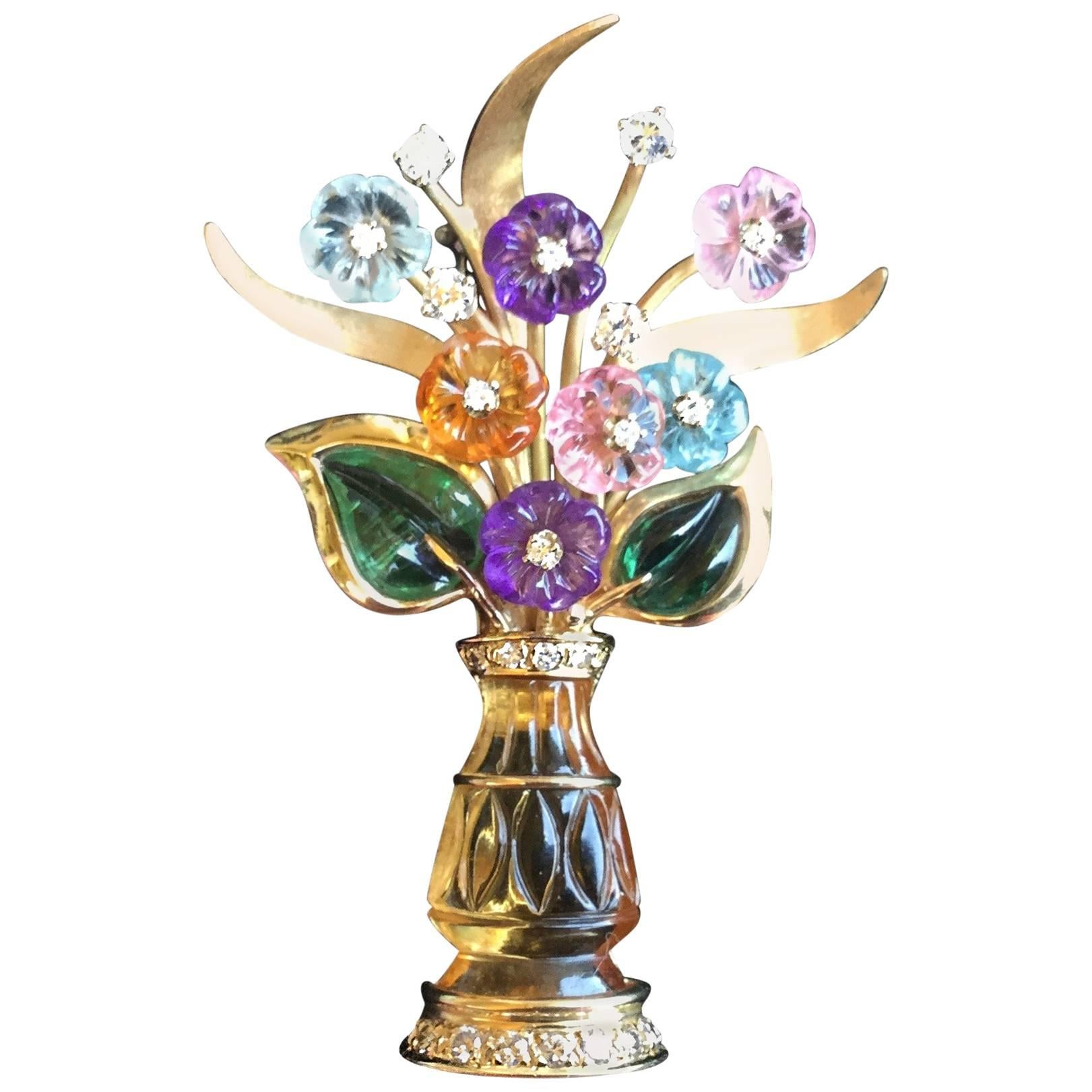 Figural Vase Brooch of Carved Semi-Precious Flowers.  14kt Gold.