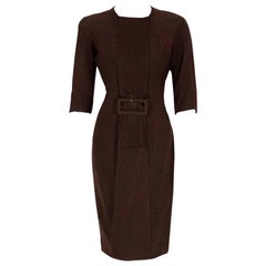 1954 Sorelle Fontana Couture Chocolate Brown Wool Sculpted Buckle Wiggle Dress