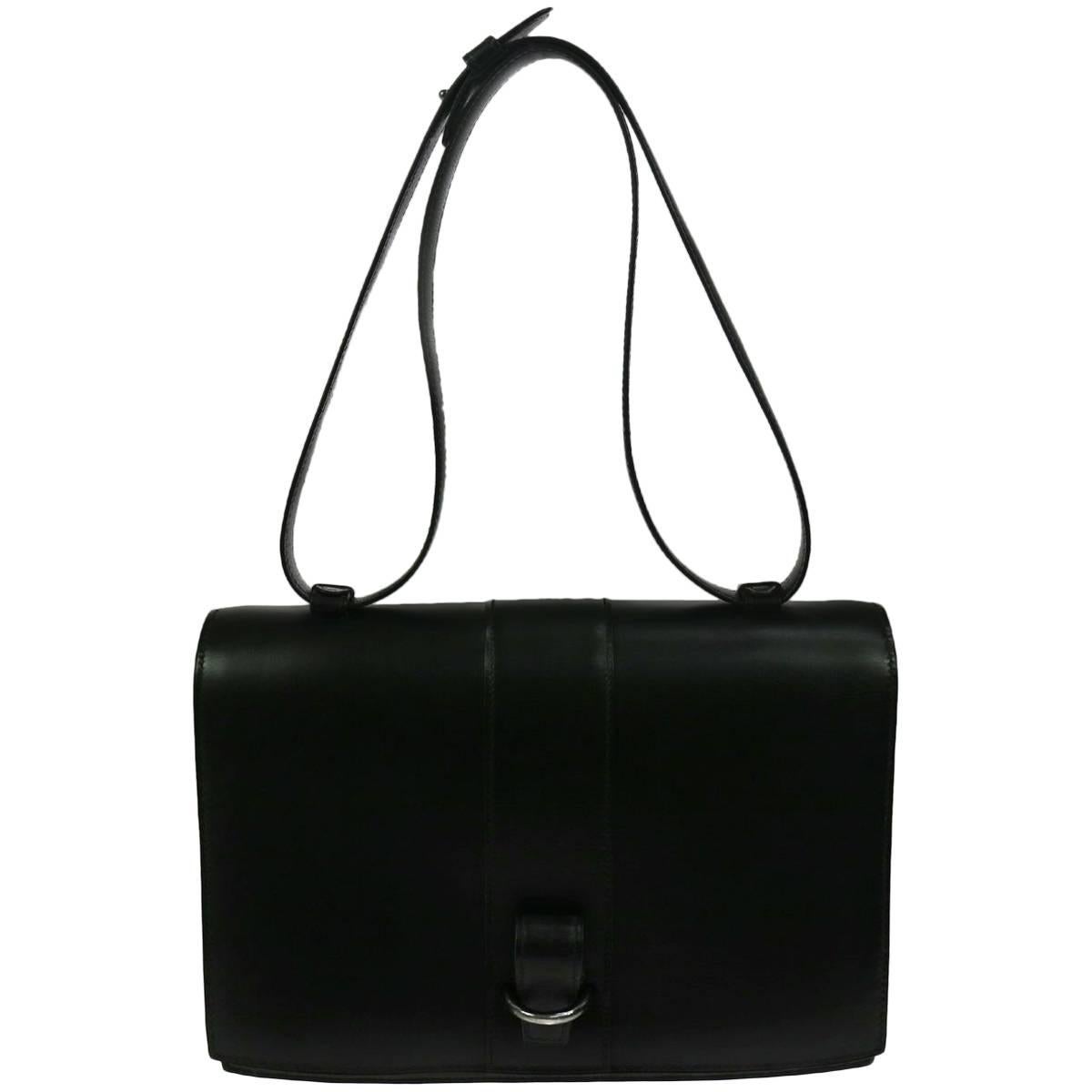 Hermes Vintage Black Leather Top Handle Satchel Flap Shoulder Bag