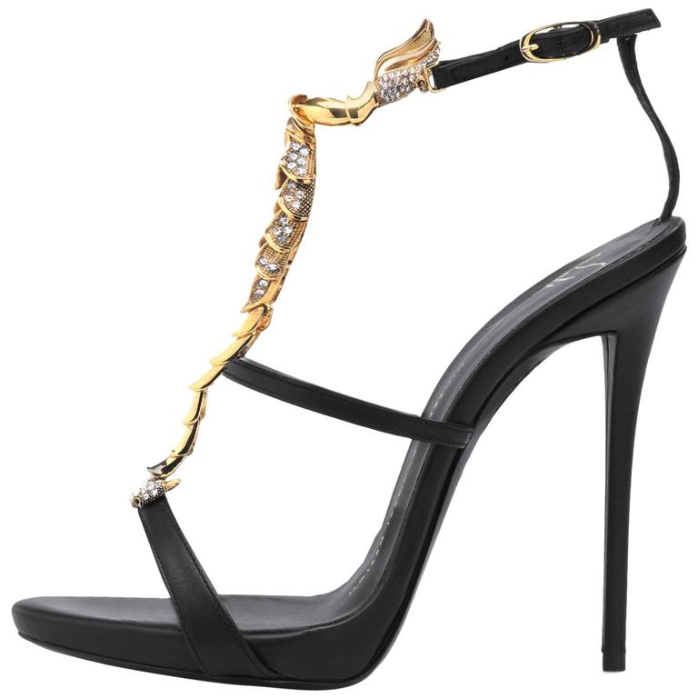 Giuseppe Zanotti New Sold Out Black Leather Gold Crystal Evening Heels in Box
