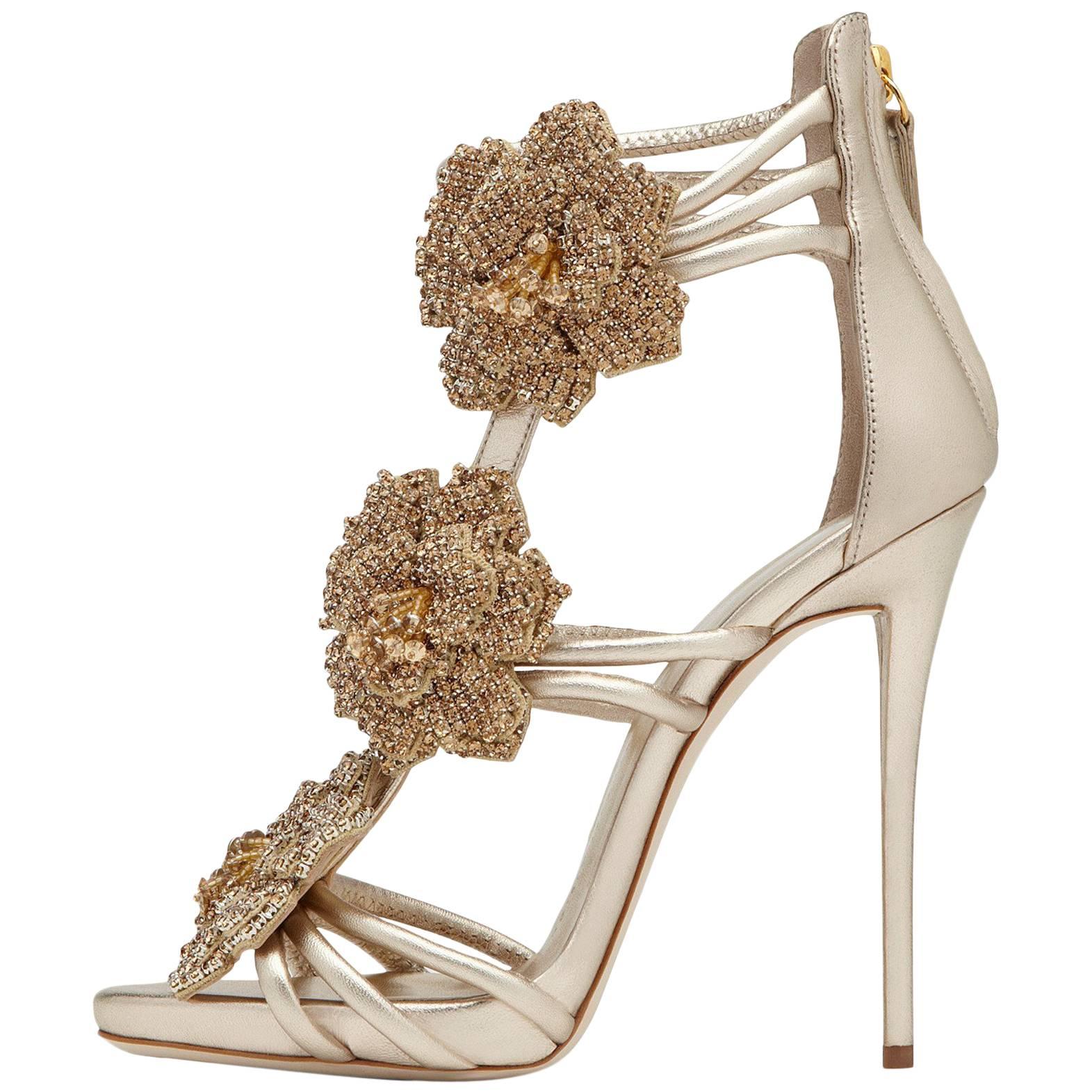 Giuseppe Zanotti New Gold Leather Crystal Rose Evening Sandals Heels in Box