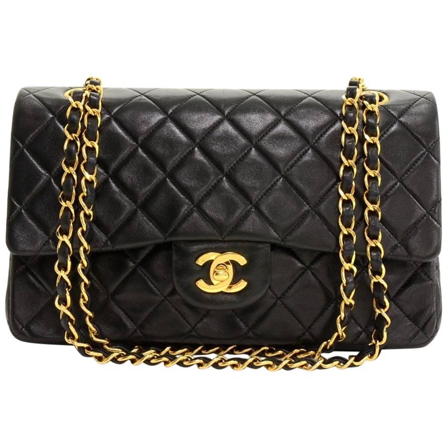 Vintage Chanel 2.55 10" Double Flap Black Quilted Leather Shoulder Bag 