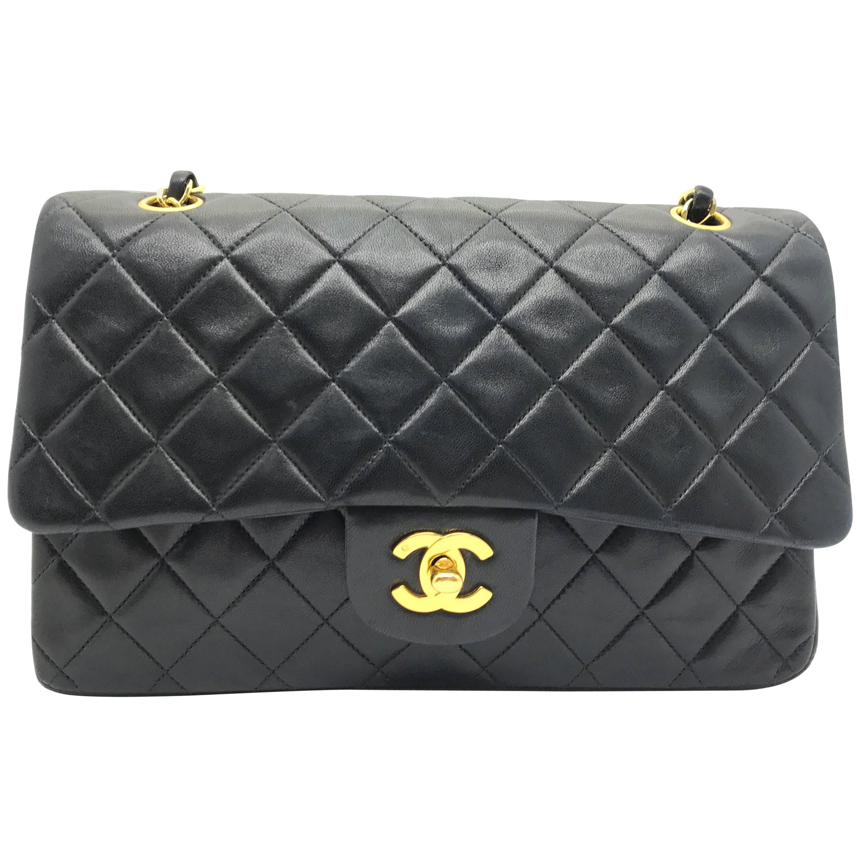 Chanel Classic Double Flap Black Quilting Lambskin Leather Shoulder Bag For Sale