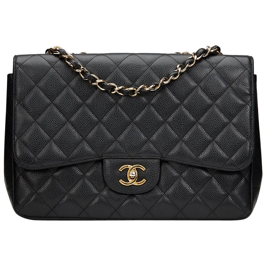 2010s Chanel Black Quilted Caviar Leather Jumbo Classic Single Flap Bag