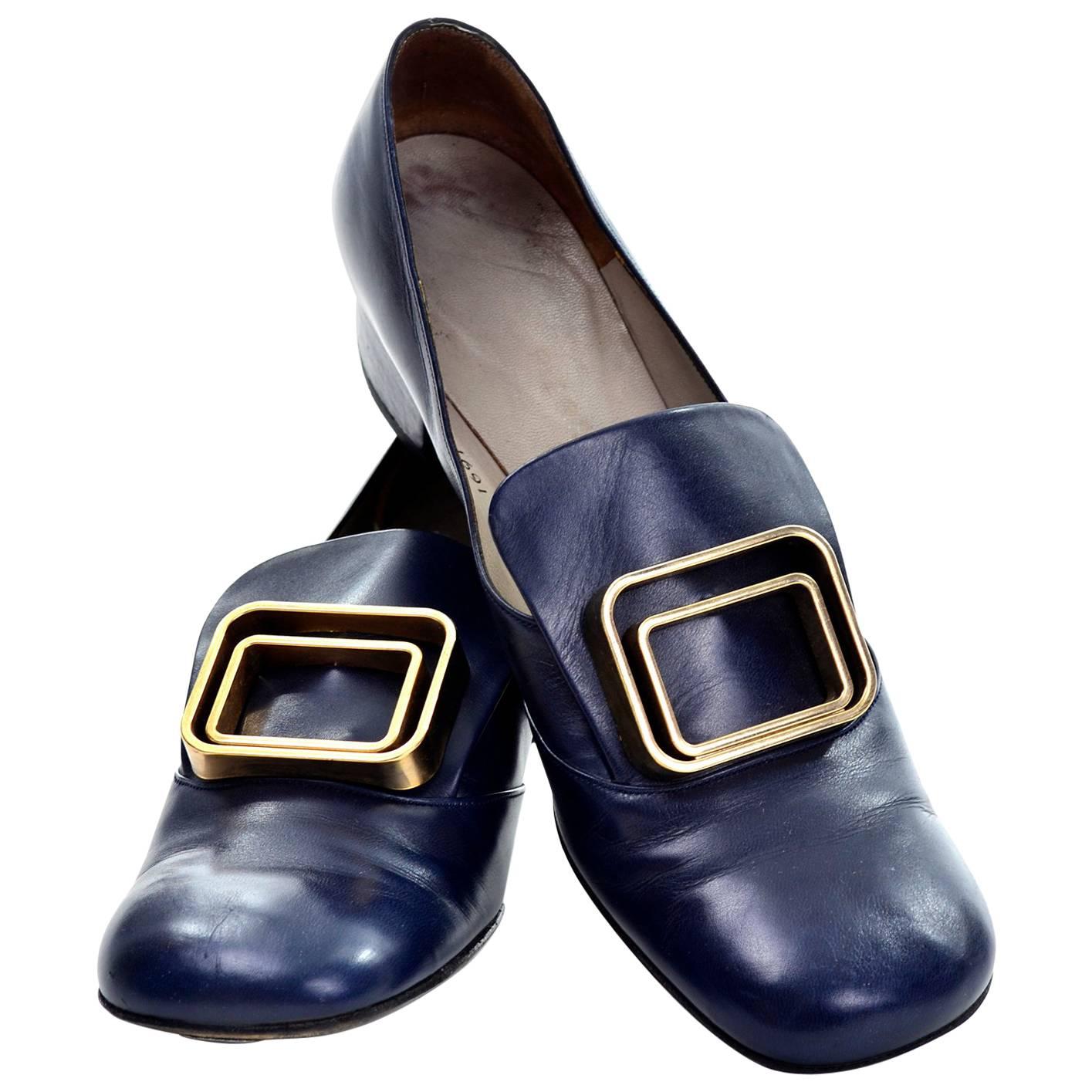 1960s Vintage Pierre Cardin Navy Blue Leather Shoes With Gold Buckles