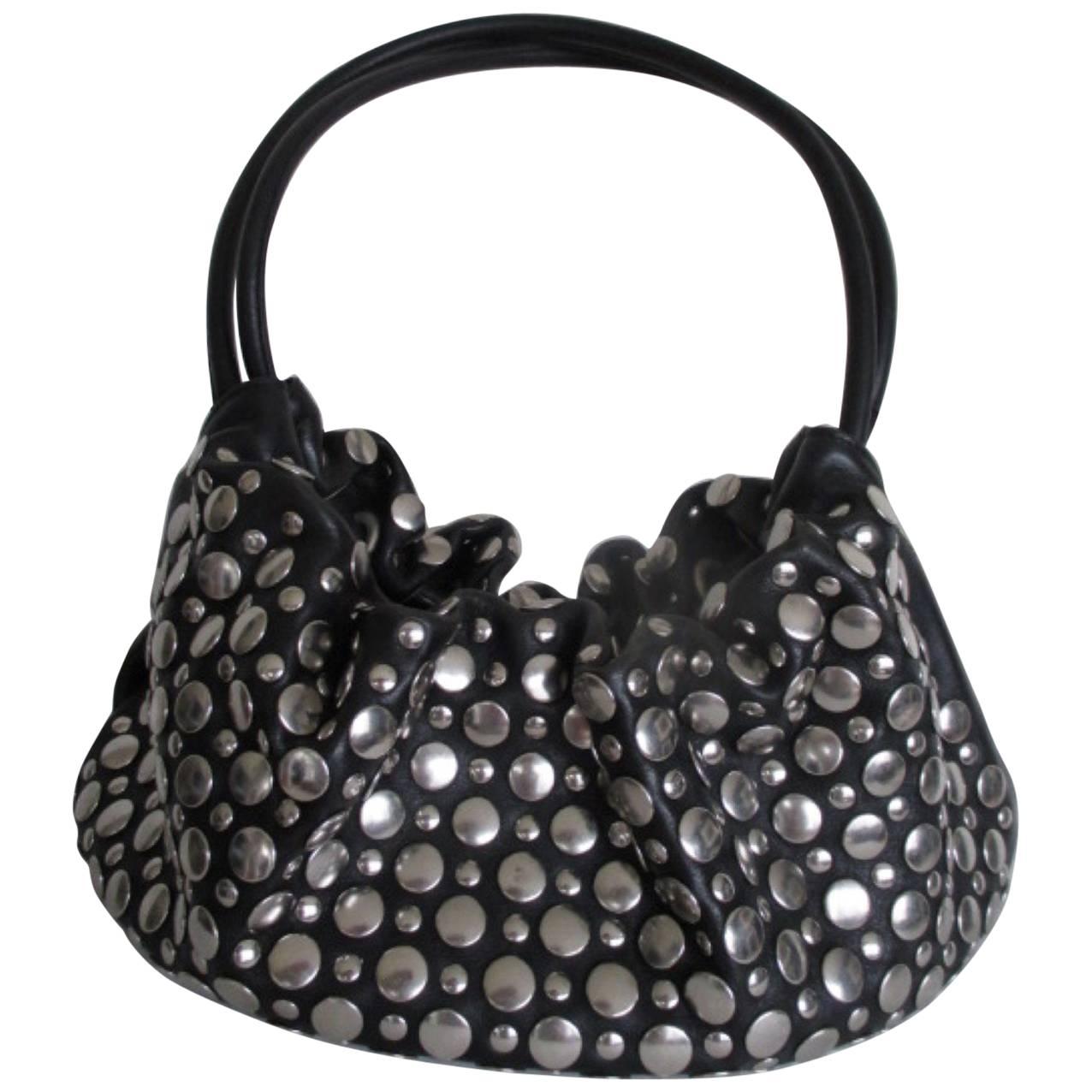 sonia rykiel black leather silver studded shoulder bag