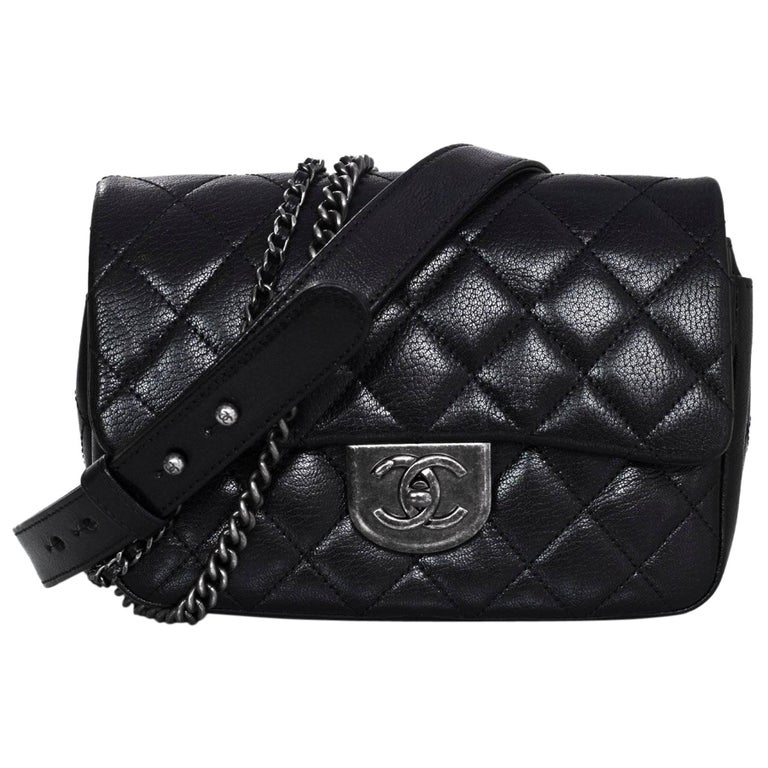 Chanel 2016 Black Goatskin Small Double Carry Waist Chain Flap Crossbody Bag  For Sale at 1stDibs