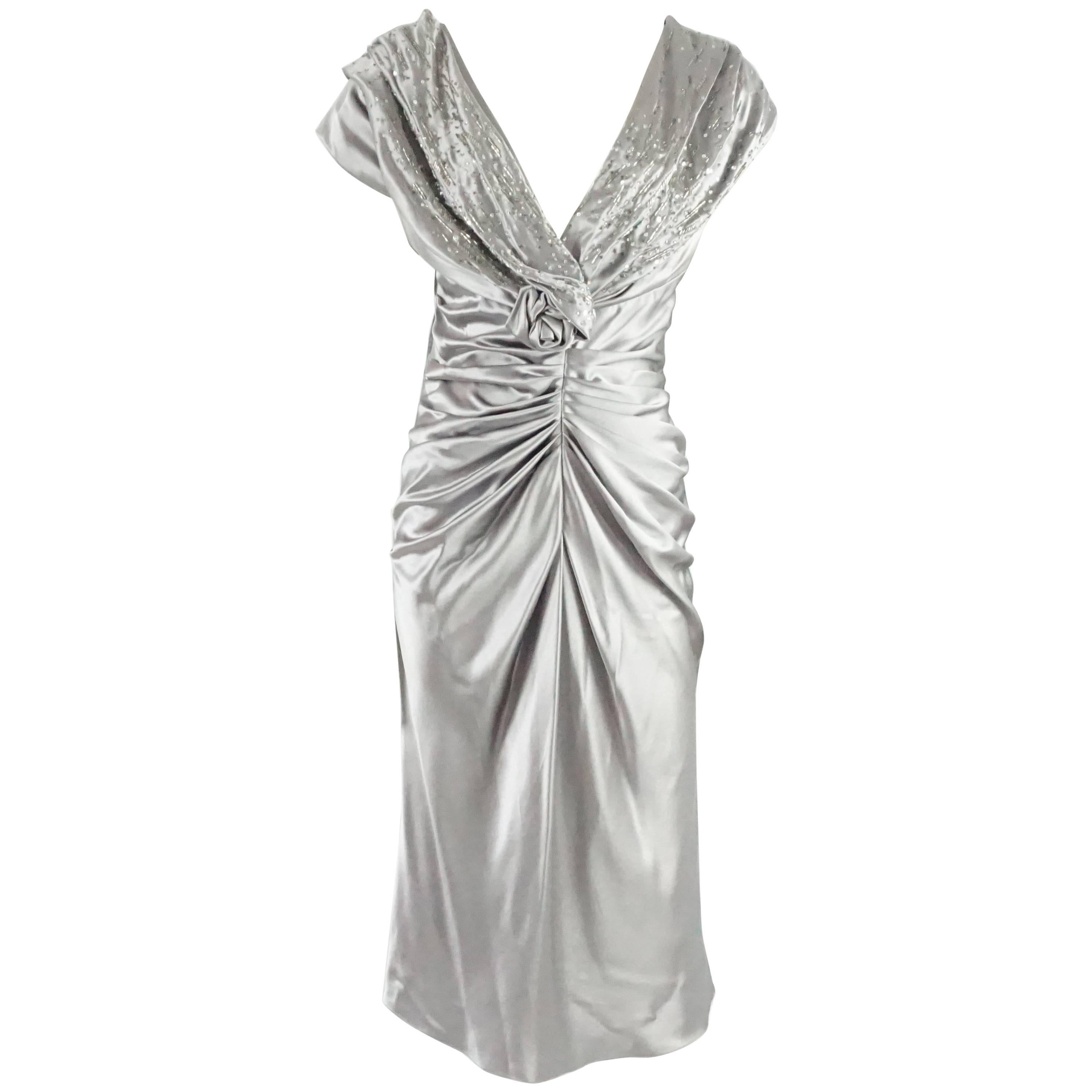Christian Dior Silver Satin Ruched Beaded Dress - 46
