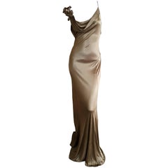 John Galliano Vintage Bronze Draped Goddess Gown With Floral Details 3