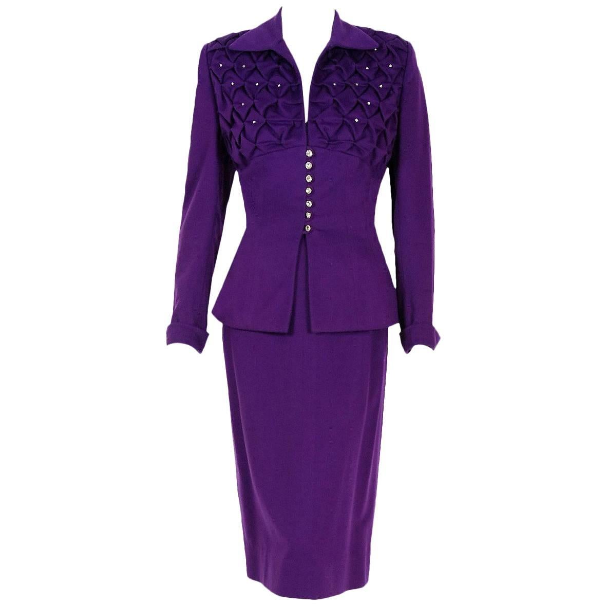 1940's Lilli-Ann Purple Ruched Wool Rhinestone Tailored Hourglass Skirt Suit  