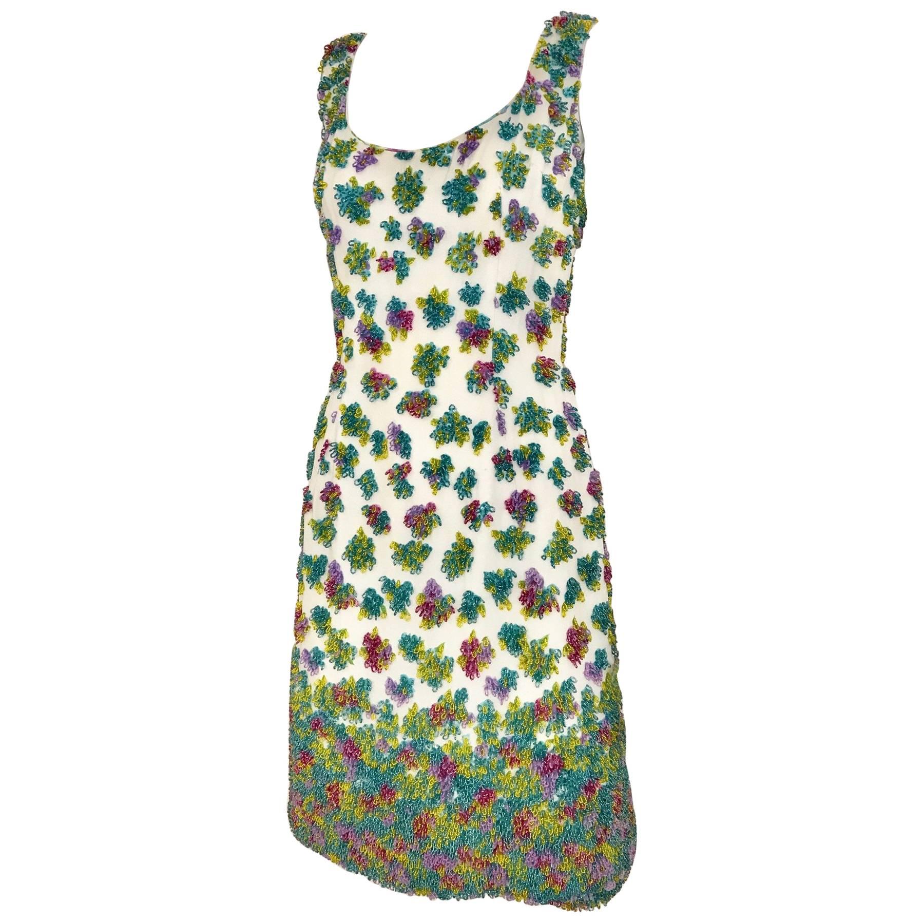 1950s Multi Color Beaded Sleeveles Cocktail Dress