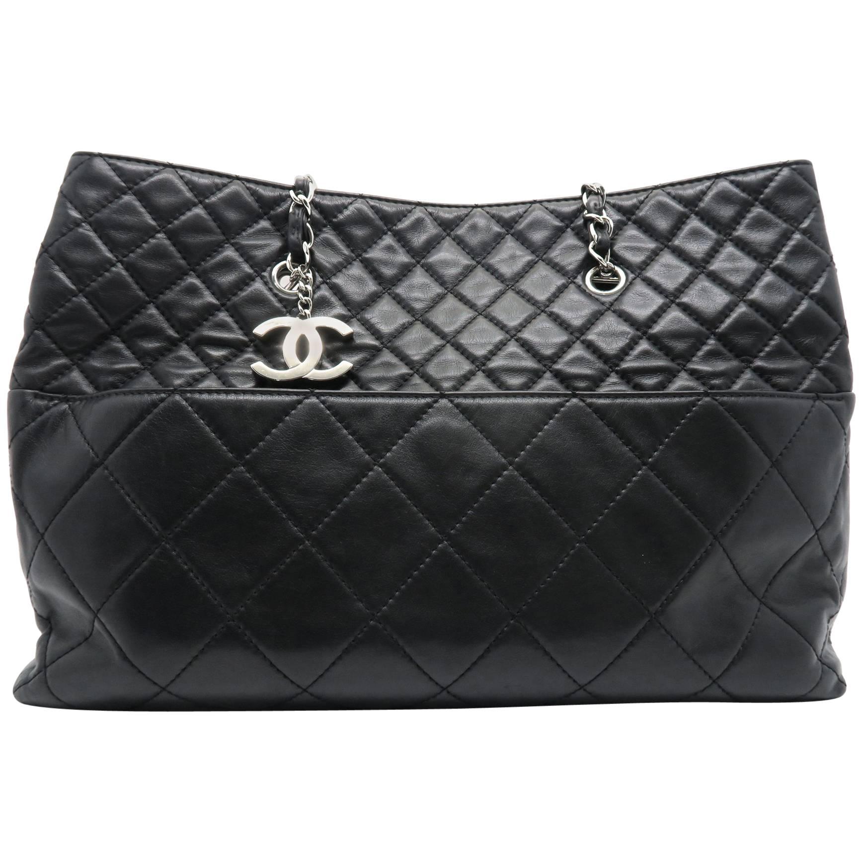 Chanel Black Quilted Lambskin Leather Silver Metal Chain Tote Bag