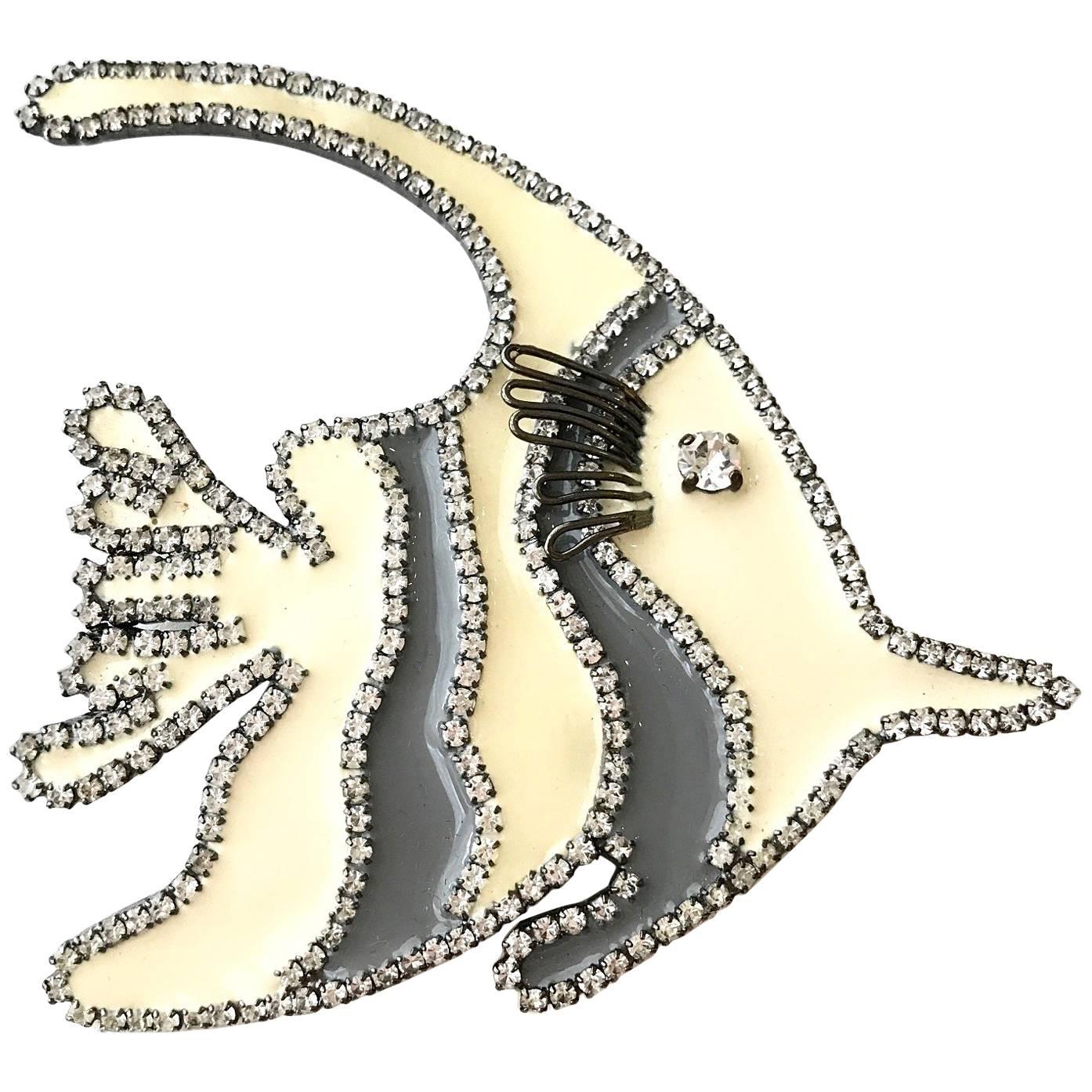 1980s GIORGIO ARMANI Grey and Creme Large Fish Brooch Pin with Rhinestones For Sale