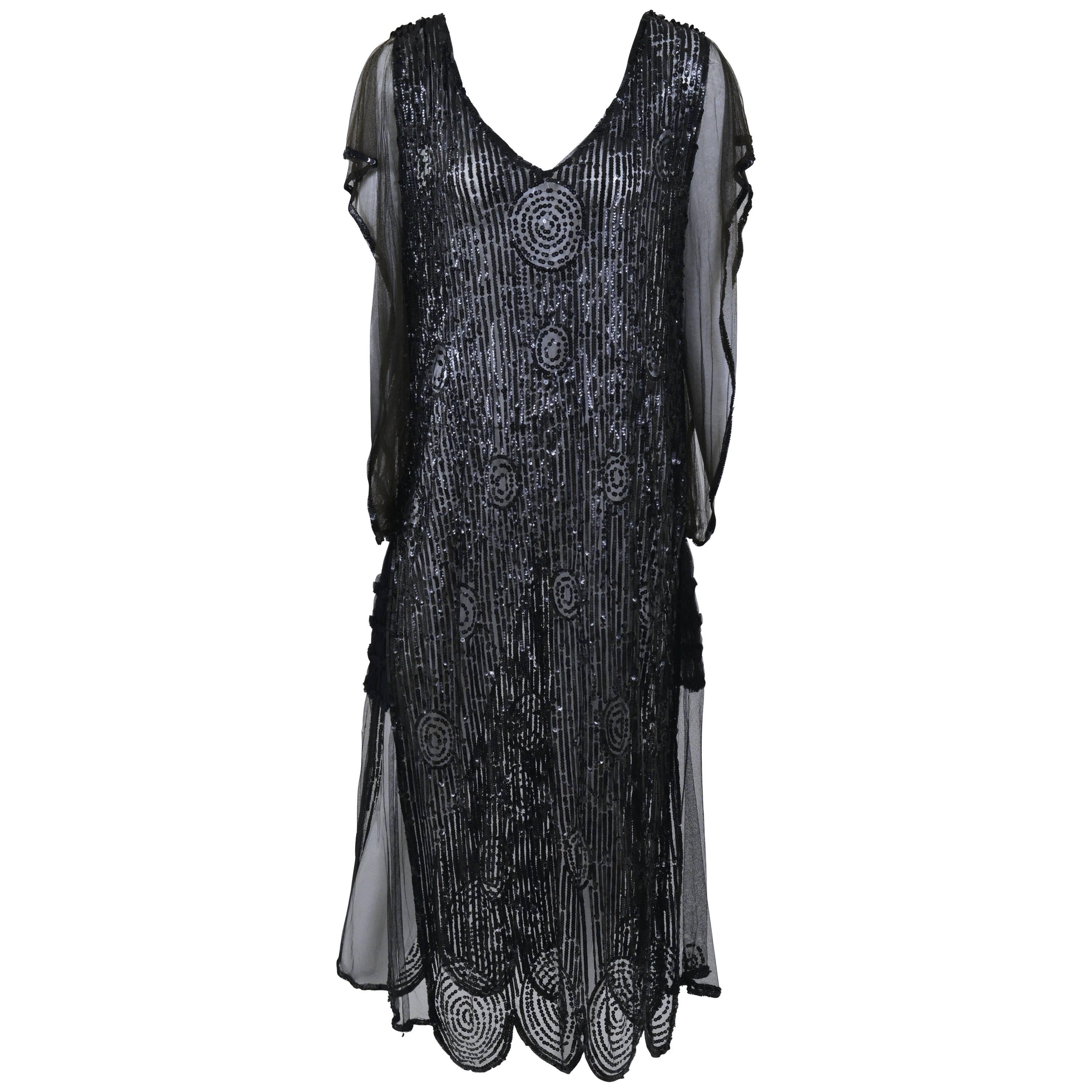 1920s Antique Black Sheer Sequins Embroidered Flapper Dress