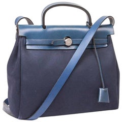HERMES 'Herbag' in Night Blue Canvas and Leather Bag