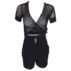 Vintage C. 2001 Dolce & Gabbana Black Fishnet Wrap Top & Pin-up High Waist Shorty Shorts