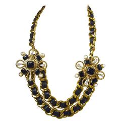 Vintage Couture Chanel Leather Ribbon Gripoix Floral Necklace