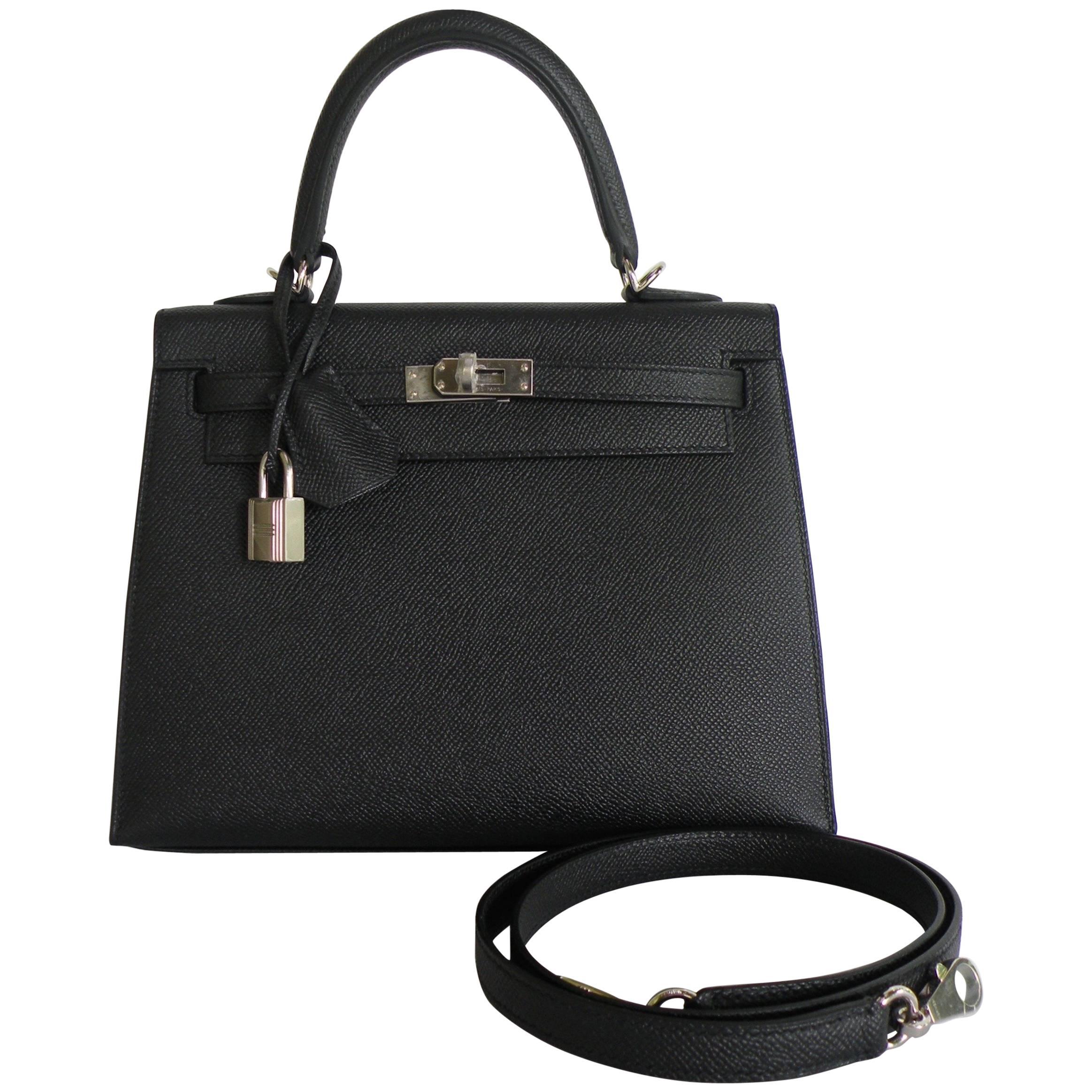 Hermes 25cm Black Kelly Epsom Sellier Palladium Bag For Sale