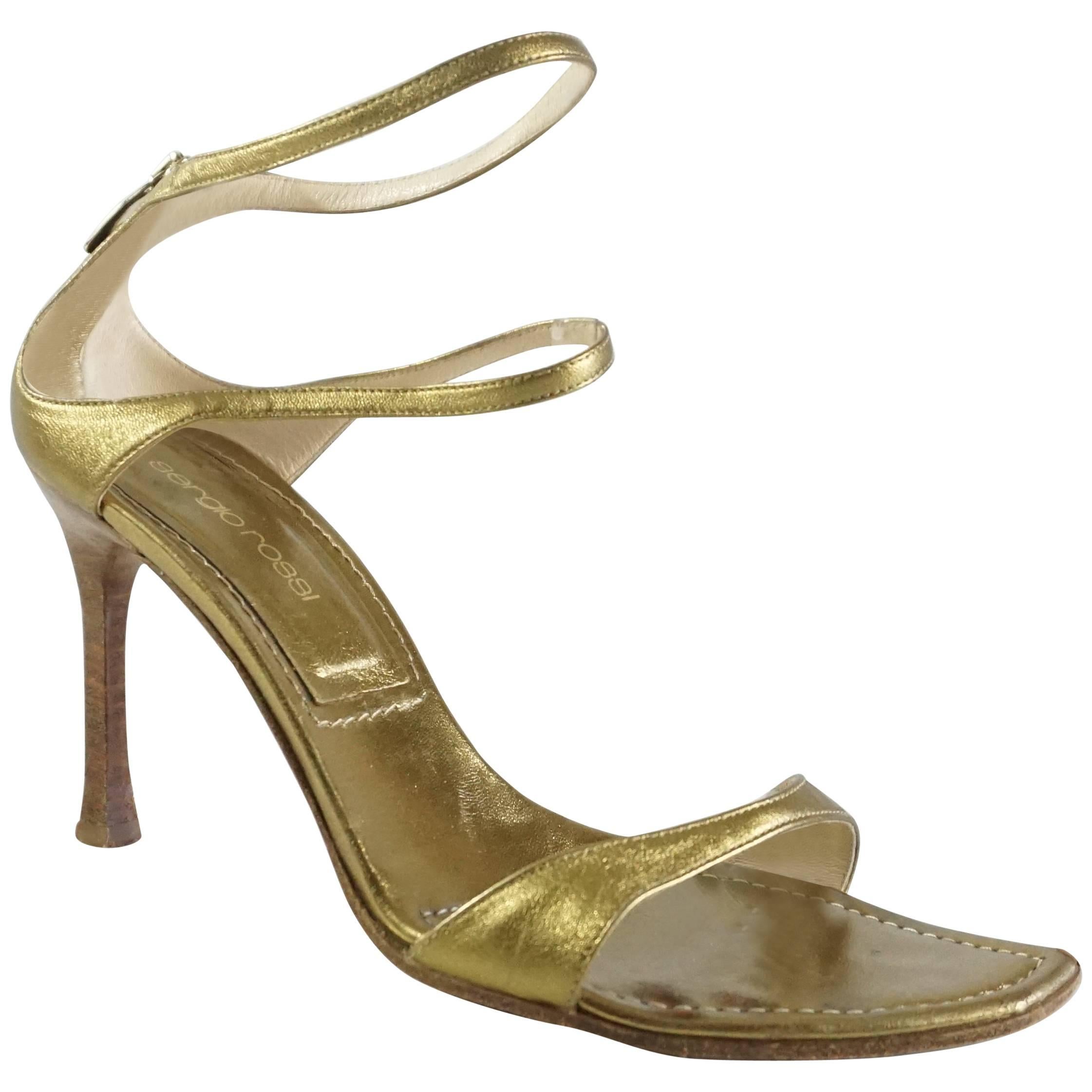 Sergio Rossi Bronze Leather Strappy Heels - 37 For Sale