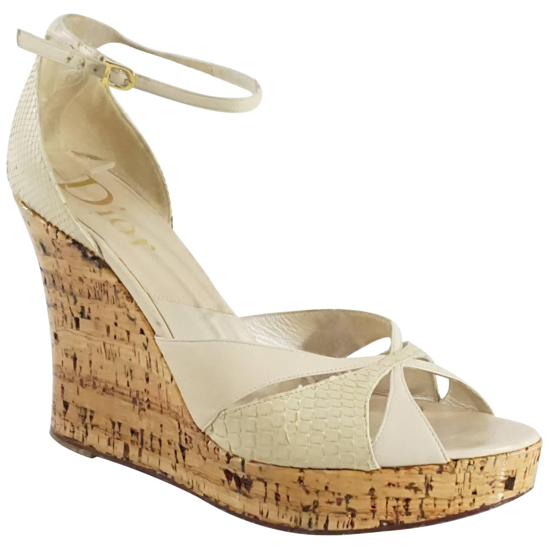 Christian Dior Beige Cork Wedges with Ankle Straps - 42 For Sale