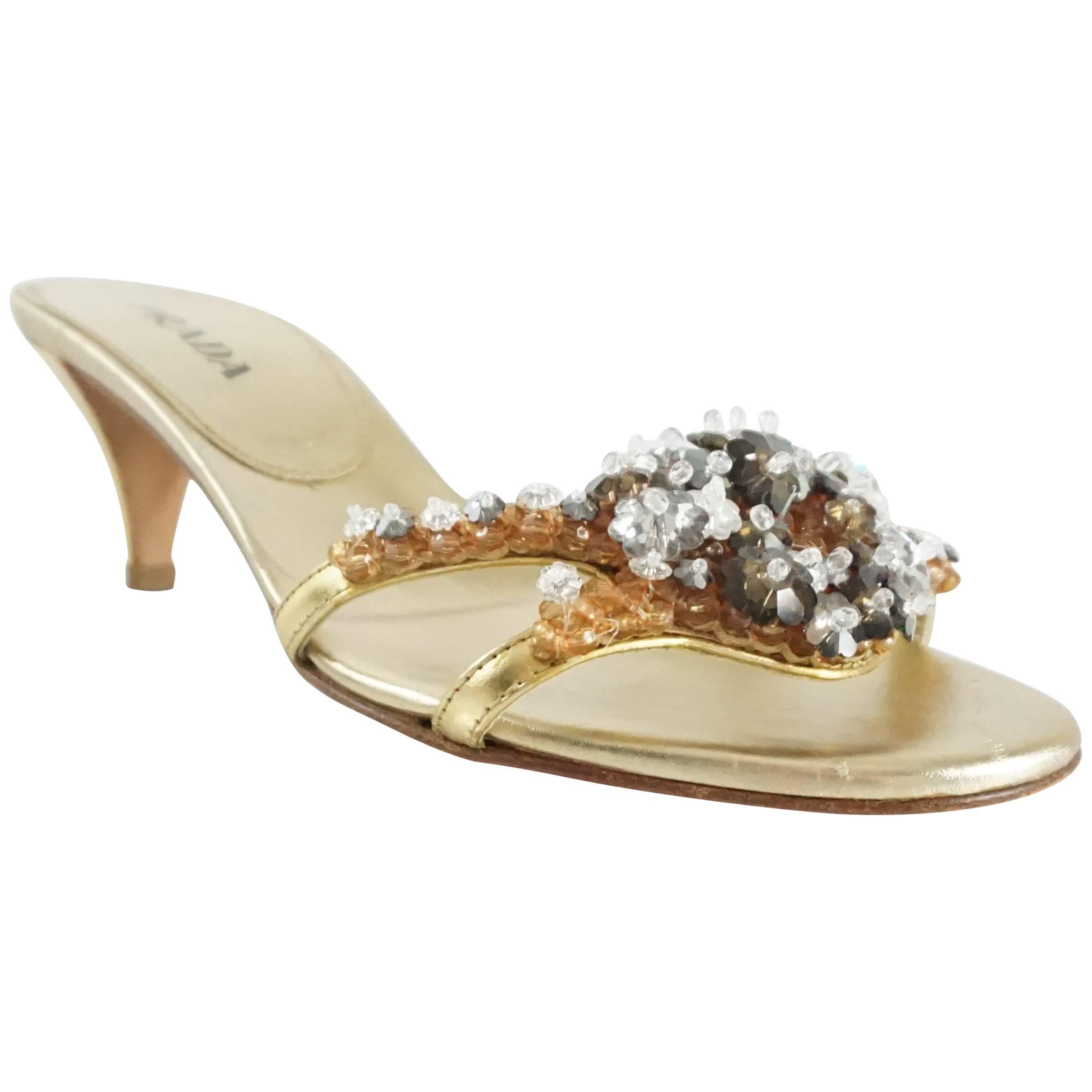 Prada Gold Leather and Floral Beaded Slides - 35.5