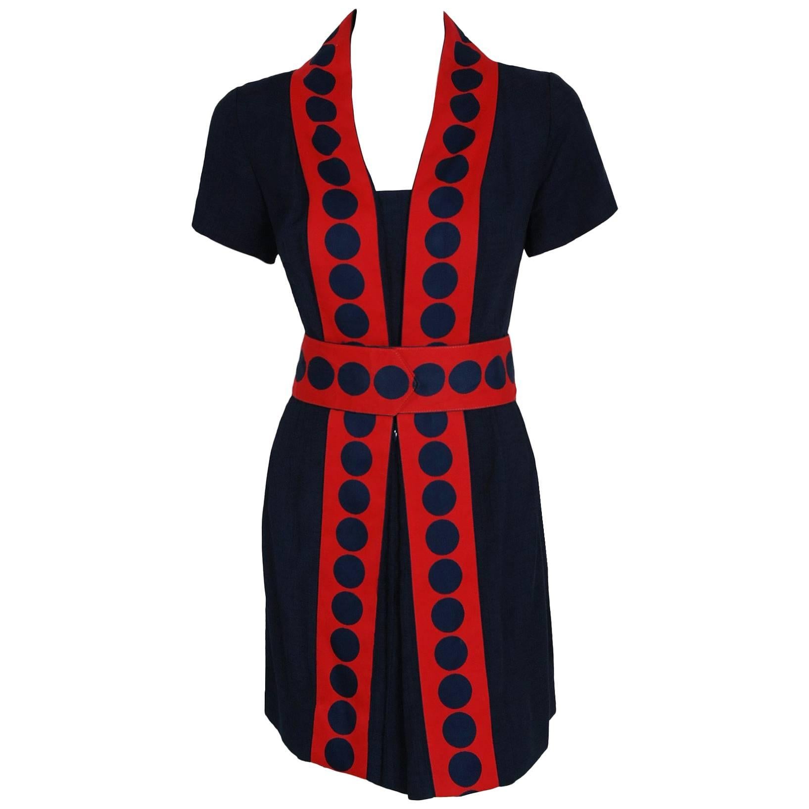 Richard Frontman Navy and Red Silk Linen Graphic Space Age Belted Dress, 1960s