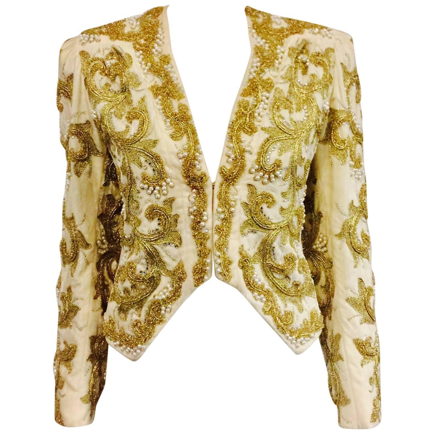 Amazing Adolfo Ivory Velvet Jacket With Enthralling Gold Tone Bead Motifs For Sale