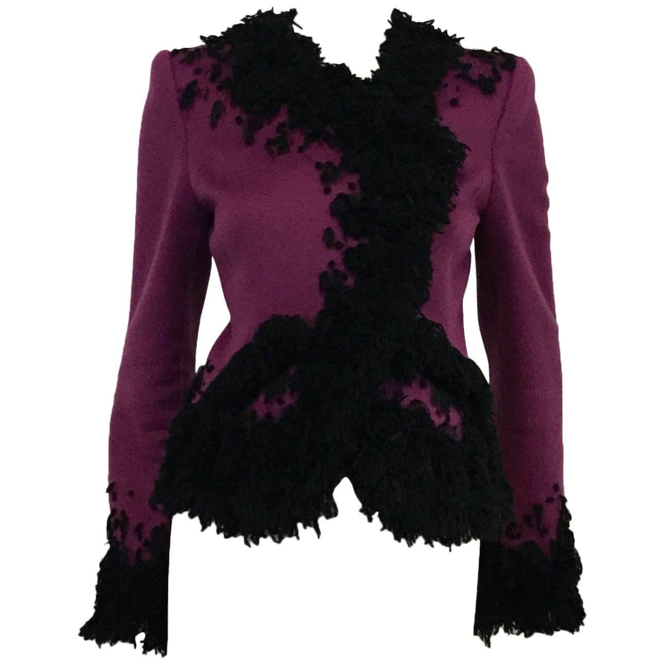 Oscar de la Renta Violet Cashmere Jacket with Black Boucle Embroidery