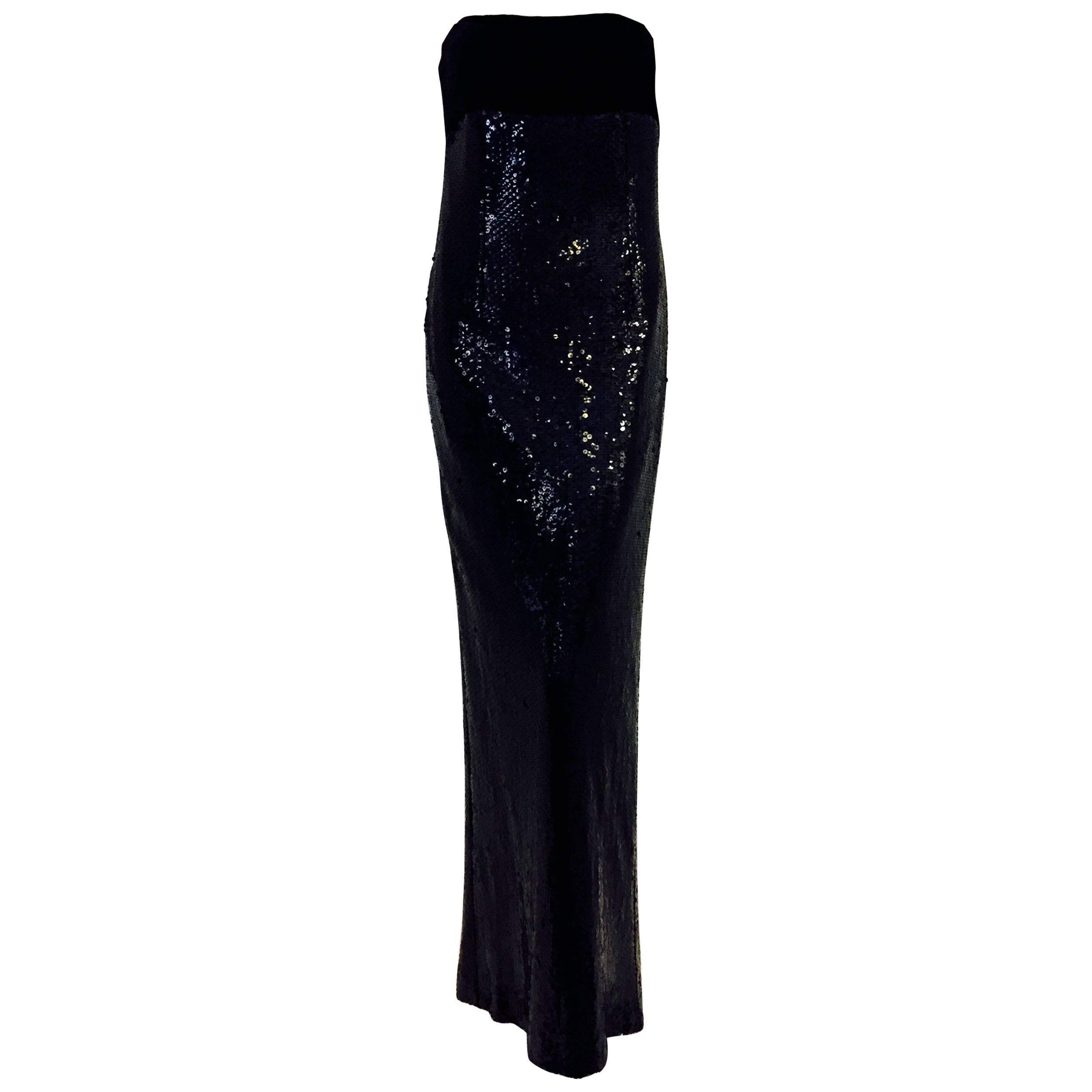 Bill Blass 1980's Dramatic Sequins and Velvet Black Column Gown  For Sale