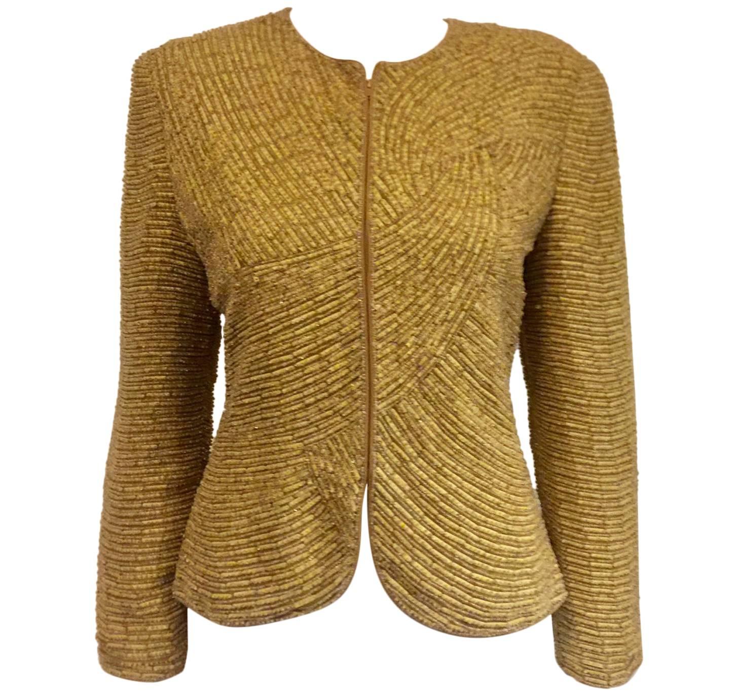 Magnificent Mary McFadden Couture Vintage Beige/Mustard Beaded Jacket For Sale