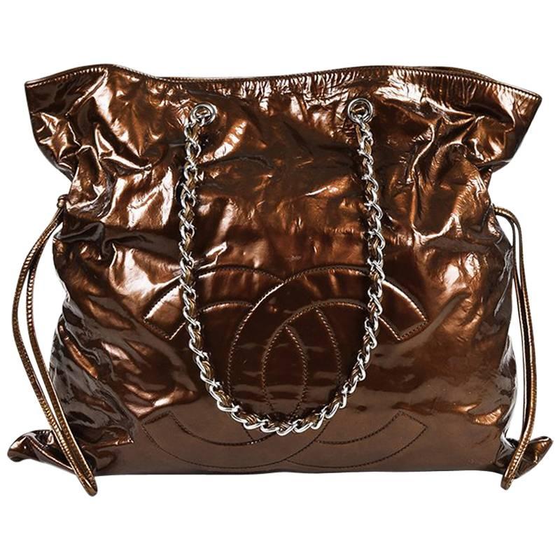 Chanel Bronze Patent Leather 'CC' Classic Chain "Bon Bon" Tote For Sale