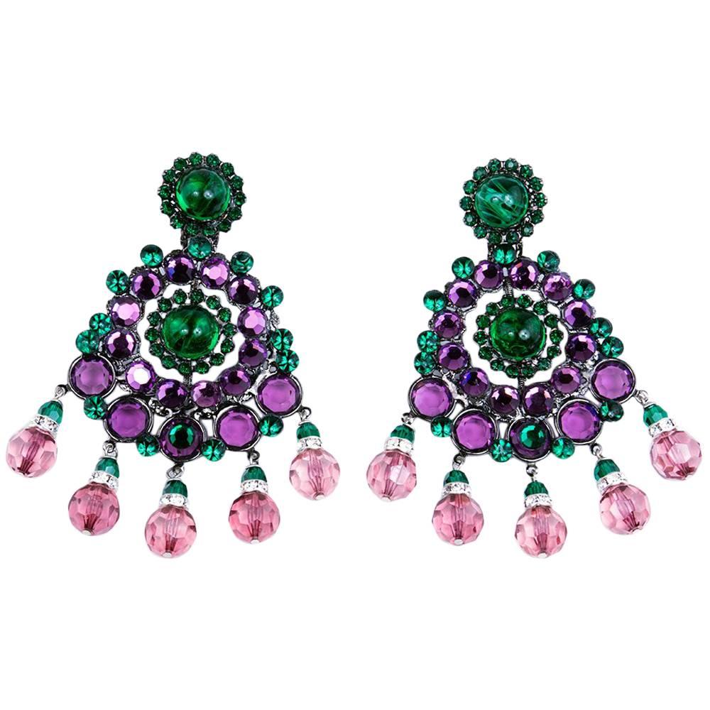 Larry Vrba Huge Purple and Green Crystal Drop  Earrings For Sale