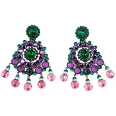 Larry Vrba Huge Purple and Green Crystal Drop  Earrings