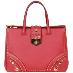 PRADA Red FUOCO SAFFIANO Leather TOTE Satchel w/ Metal STUDS