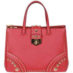 PRADA Red FUOCO SAFFIANO Leather TOTE Satchel w/ Metal STUDS