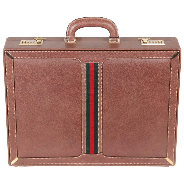 GUCCI VINTAGE Tan Leather HARD SIDE BRIEFCASE Work Bag w/ Stripes For