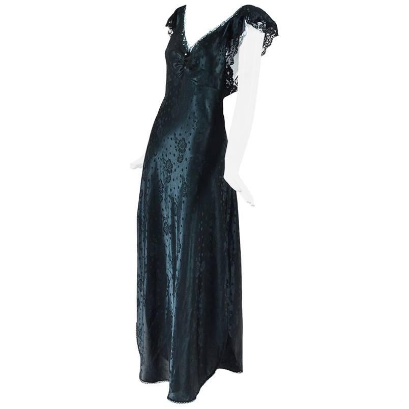 Vintage Christian Dior Lingerie Black Satin Floral Lace Trim Nightgown SZ M For Sale