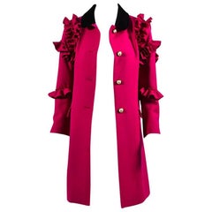 Gucci NWT Raspberry Pink Wool 'GG' Faux Pearl Button Ruffle Coat SZ 44