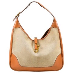 Retro Hermes Beige Tan Box Calf Leather Canvas "Trim I" Shoulder Bag