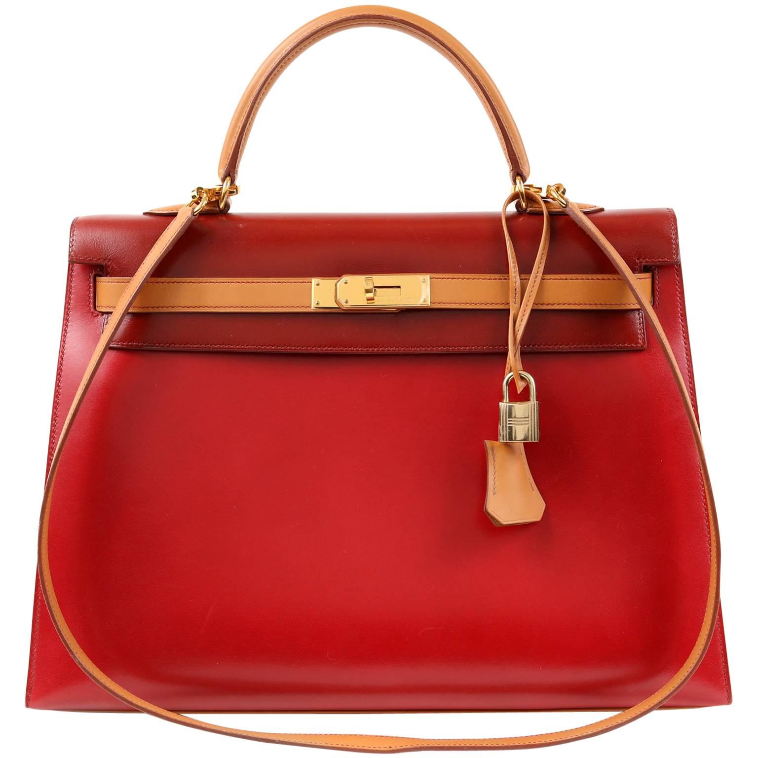 Hermès Tri Color Box Calf 35 cm Kelly Sellier- Red, Rouge H, Gold