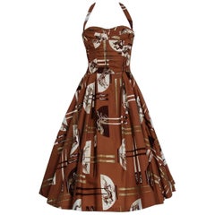 1950's Alfred Shaheen Hawaiian Metallic Brown Novelty Print Cotton Halter Dress 1
