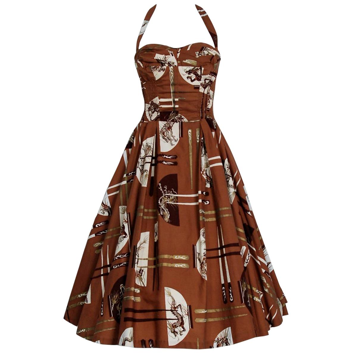 1950's Alfred Shaheen Hawaiian Metallic Brown Novelty Print Cotton Halter Dress