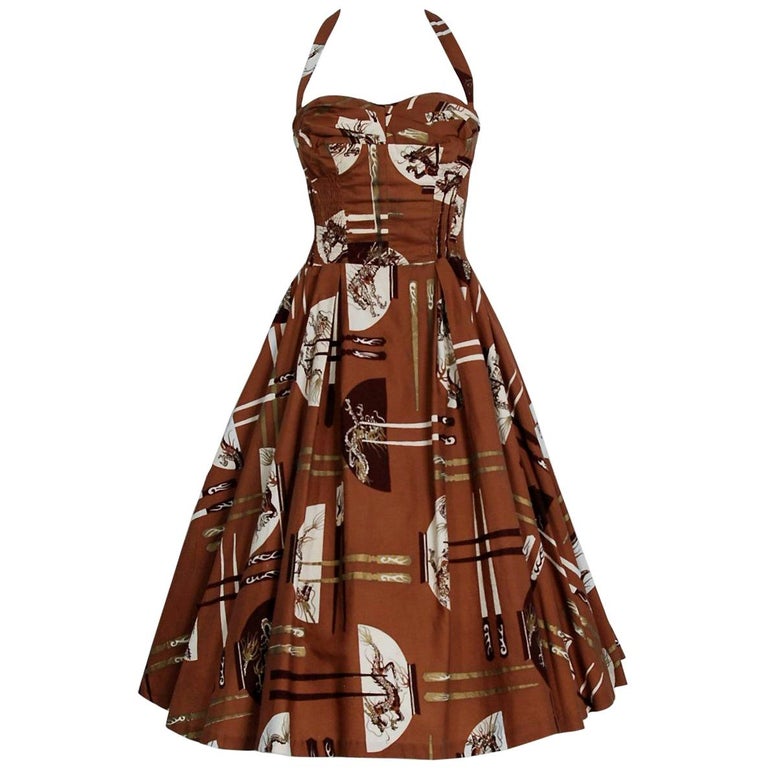 1950's Alfred Shaheen Hawaiian Metallic Brown Novelty Print Cotton Halter  Dress at 1stDibs | alfred shaheen dress, brown hawaiian dress, brown halter  dress