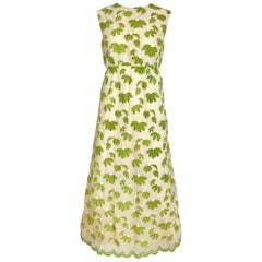 1960s Bob Bugnand Creme and  Green Cotton Embrodered Sleeveless Sheath Dress