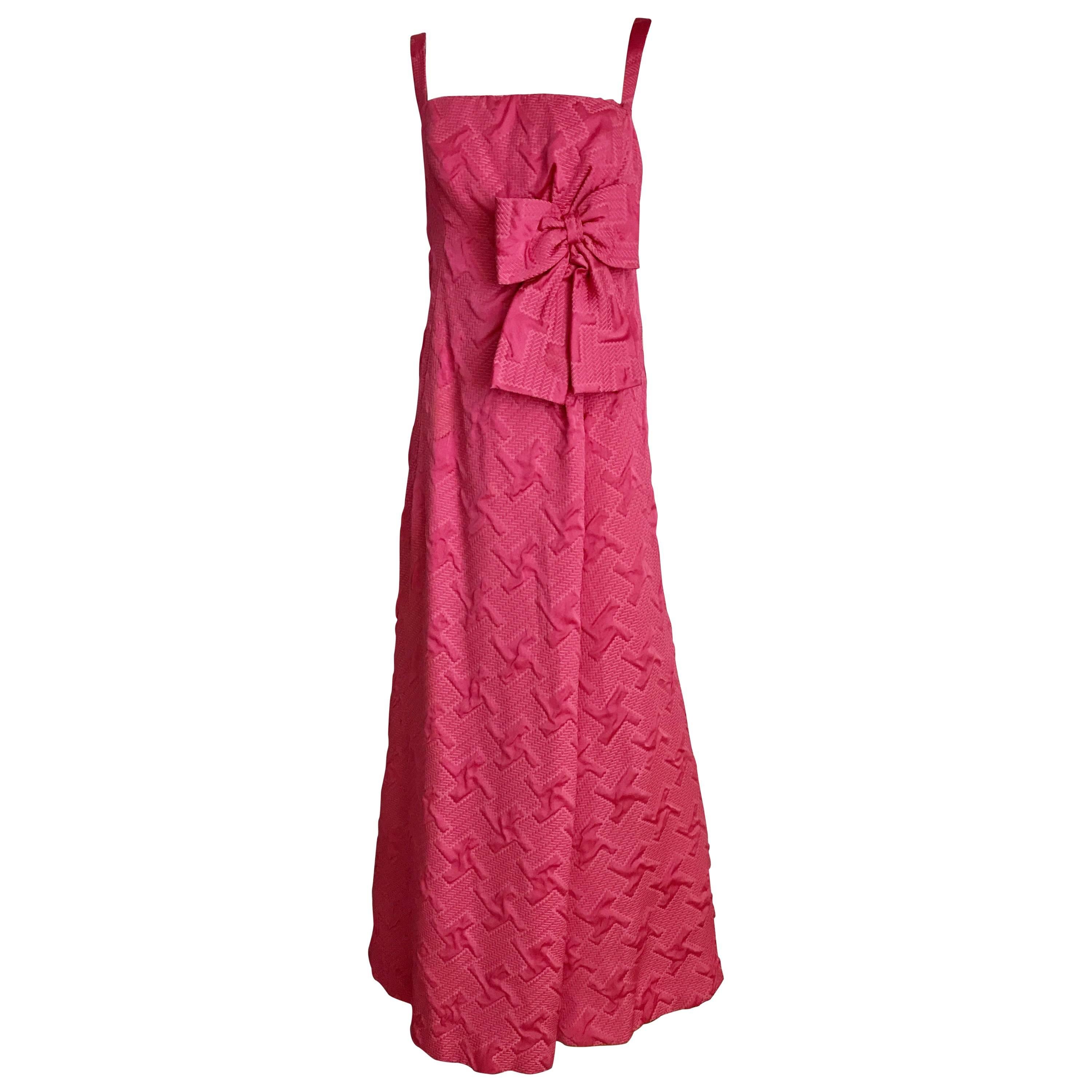 1960s Quilted Magenta Satin Brocade Gown For Sale